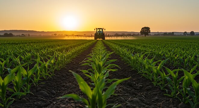 Agricultural landscape featuring tractor spraying crops at sunrise, showcasing rural farming