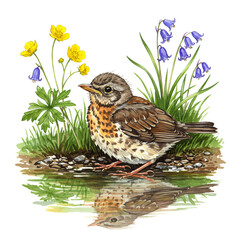 A song thrush illustration near water with yellow and blue flowers