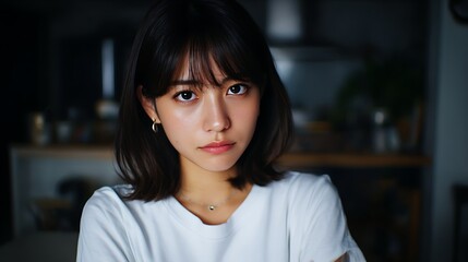 室内で強い視線を向ける若い女性