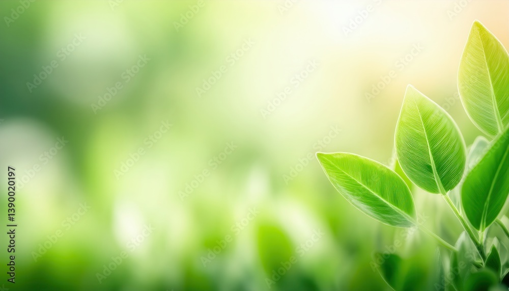 Poster vibrant green leaves in soft sunlight for nature-themed branding, serene background with bokeh effec
