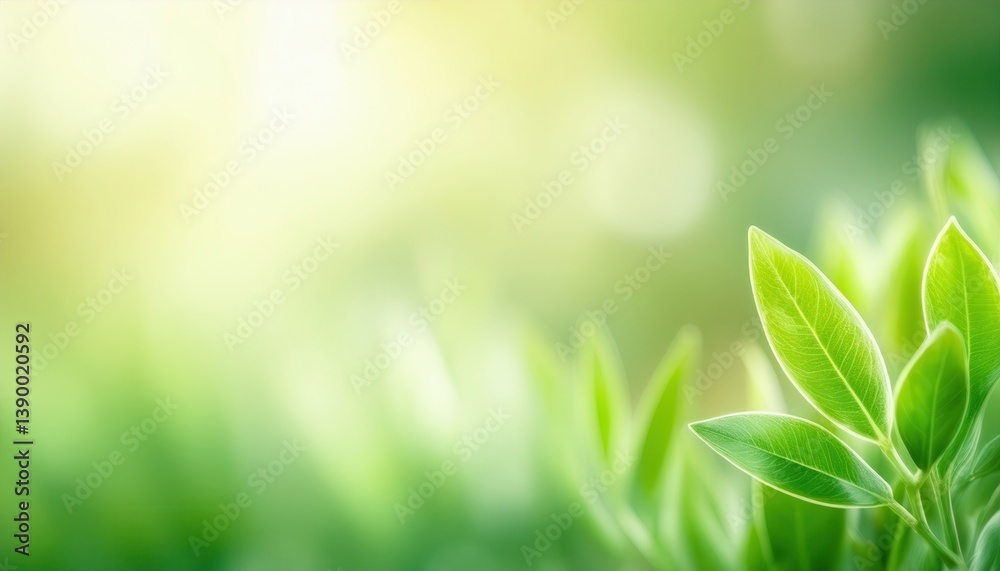 Poster vibrant green leaves in soft sunlight for nature-themed branding, serene background with bokeh effec