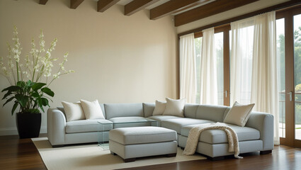 An open, airy living room with light gray furniture, a large plant, and lots of natural light