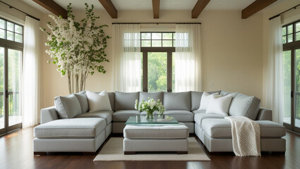 An open, airy living room with light gray furniture, a large plant, and lots of natural light