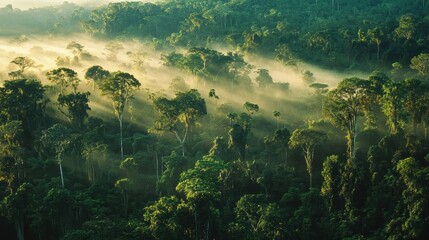 Obraz premium Misty Rainforest Landscape with Lush Green Trees and Sunlight Rays Peeking Through the Foliage in a Serene Natural Environment