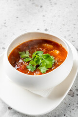 A hearty bowl of beef stew, featuring tender meat, potatoes, and tomatoes, garnished with fresh cilantro. This comforting dish is perfect for warming up on a chilly day or enjoying a satisfying meal.