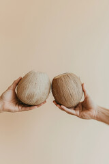 Two hands exchange whole coconuts against a minimalist beige background, symbolizing sharing or connection in a simple, natural setting.