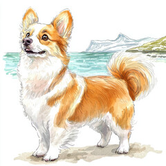 Adorable watercolor illustration of corgi dog standing by seaside