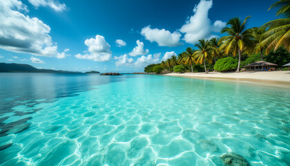 Fototapeta premium A beautiful beach with palm trees and a clear blue ocean. The sky is partly cloudy, but the overall mood is serene and peaceful