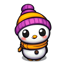 Cute cartoon snowman character wearing a colorful hat and scarf with a cheerful expression
