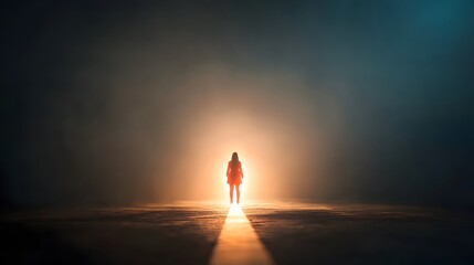 A person standing at a crossroads, with a clear path illuminated ahead, representing decisive action towards goals, in the style of minimalist art