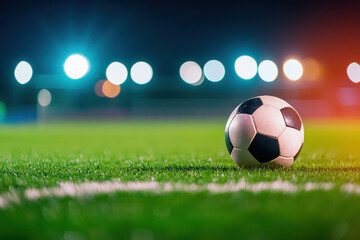 Fototapeta premium close up of soccer ball resting on vibrant green field, illuminated by soft stadium lights in background, creating exciting atmosphere for game