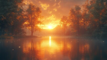 Obraz premium Sunset reflection tranquil nature scene