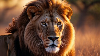 Majestic lion staring with intense gaze in golden light
