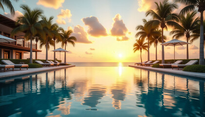 A pool with palm trees and umbrellas in the background. The pool is surrounded by a white fence