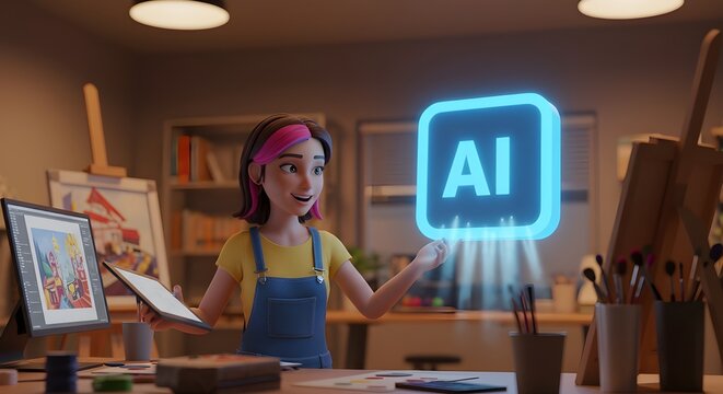 Generative AI, human collaborating with AI in an art studio to co-create an image