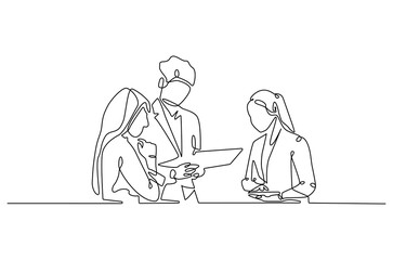 Fototapeta premium Continuous one line drawing of business meeting. Single line drawing illustration of Office workers meeting in office. Business plan concept vector art. Doodle line illustration.