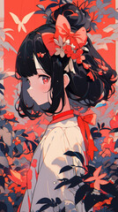 Fototapeta premium Anime Girl in a Red Flower Garden