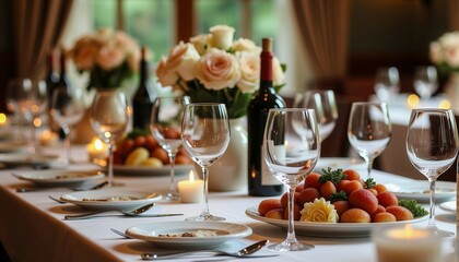 Fototapeta premium A table with a variety of food and drinks, including wine glasses and a bottle of wine. The table is set for a formal dinner party, with a vase of flowers and candles on the table
