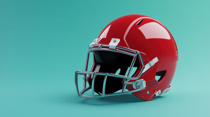 Fototapeta premium vibrant red football helmet with sleek design, showcasing shiny surface and sturdy faceguard, set against bright turquoise background. This captures essence of sports equipment and athleticism