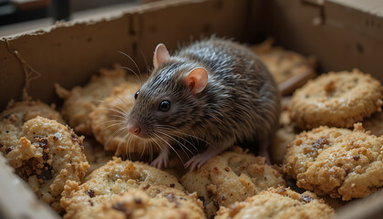 Unexpected encounter ugly rat among cookies kitchen setting close-up humorous concept