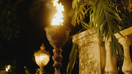 Ornate Torch at Night, Tropical Garden