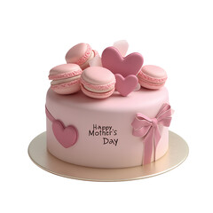 Mother's Day theme elements, a pink cake with heart-shaped macarons and a ribbon bow decoration on a transparent background, with the text "Happy Mother's Day" (2)