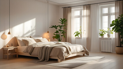 Fototapeta premium A Scandinavian style bedroom,bedroom interior design ,cozy comfortable home interior