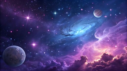 Obraz premium Spiral Galaxy Surrounded by Two Planets, Star Clusters, and Pink Nebulae