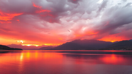 Fototapeta premium A peaceful sunrise over a tranquil lake with mountains in the background, soft pastel colors in the sky