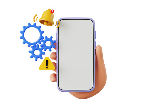 3D rendering using a smartphone with the concept of gear icon setting and updating software with exclamation mark and alarm bell.