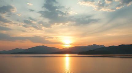 Naklejka premium A peaceful sunrise over a tranquil lake with mountains in the background, soft pastel colors in the sky