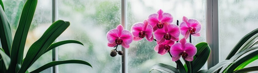 Naklejka premium Orchid Blooming in a Serene Greenhouse Nature Photography Indoor Garden Close-up View Botanical Beauty