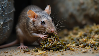 Action of an ugly rat eating in a kitchen photo close-up indoor natural setting