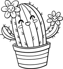 Cute Cartoon Vector Illustration of Smiling Green Cactus in a Pot with Pink Flower Including Normal, Cartoon, and Hand-Drawn Lined Vector Styles