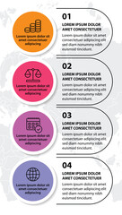 4 steps infographic template with 4 options. Flowchart that can be used for business report, data visualization and presentation. Timeline infographic elements vector illustration.