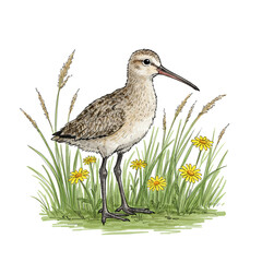 Illustration of a godwit bird standing among grass and yellow flowers