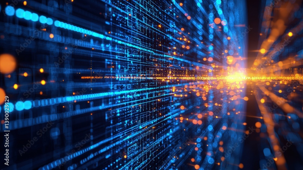Poster Glowing data streams flow through a digital server environment with blue and orange lights, perfect for tech branding, IT infrastructure visuals and innovation campaigns