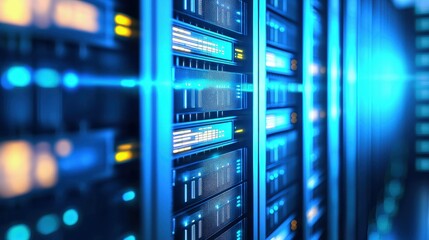 Blue glowing data center servers with futuristic interface panels and ambient lighting, ideal for tech marketing, data infrastructure visuals and IT service promotions