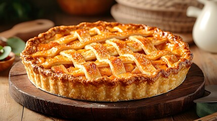 A golden flaky homemade apple pie with a beautifully latticed crust filled with sweet and spiced apples ready to be enjoyed in a cozy rustic setting