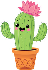 Cute Cartoon Vector Illustration of Smiling Green Cactus in a Pot with Pink Flower Including Normal, Cartoon, and Hand-Drawn Lined Vector Styles