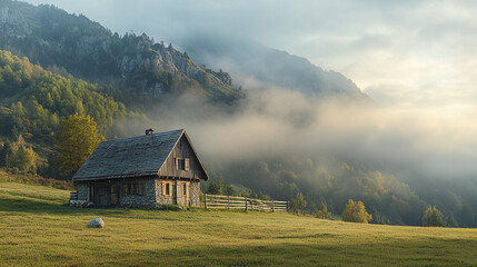 Obraz premium Mountain farmhouse with wooden stable in misty background