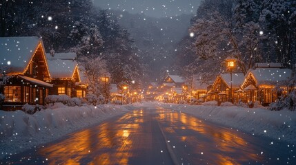 Naklejka premium Snowy Village Street at Night.