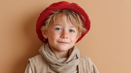 A charming young boy with a knitted red hat smiles confidently at the camera, showcasing fashion and innocence against a warm peach-colored background.