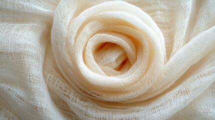 Fabric spiral Cream textile unfolds, casting soft shadows on a light backdrop, evoking texture and elegance