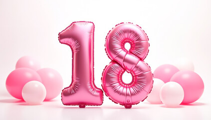 pink inflatable number 18 with pink balloons on a white background