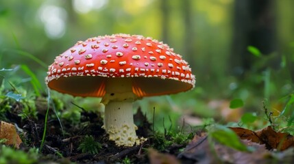 Bright red fly agaric mushroom in forest underbrush