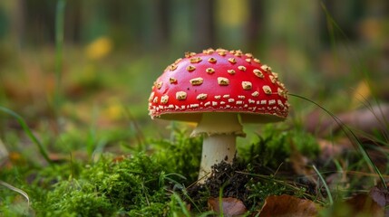 Vibrant red fly agaric mushroom in green forest floor setting