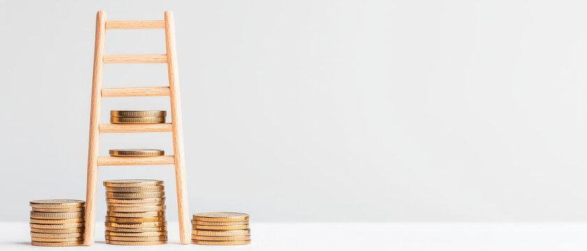 Building wealth with ladder of coins symbolizes financial growth and success