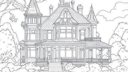 Antique House Drawing, Exterior View,  Charming Victorian Era, Coloring Page