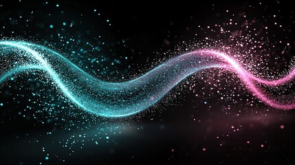 Abstract turquoise and pink glowing wave lines composed of dynamic particles on dark background, forming geometric soundwave patterns with gradient illumination. Modern digital design ideal for music 